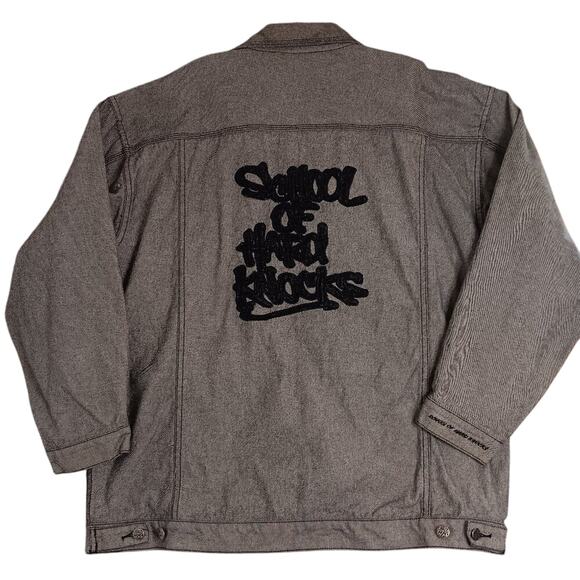 School of Hard Knocks Denim Jacket XXL Charcoal Gray Y2K Street Embroidered - Picture 1 of 9